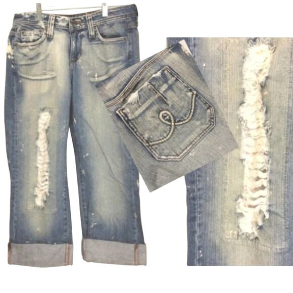 Y2K Hippie Denim Capris Jeans Sz 9 Distressed Details Boho Gypsy Festival VNTG - Picture 1 of 10